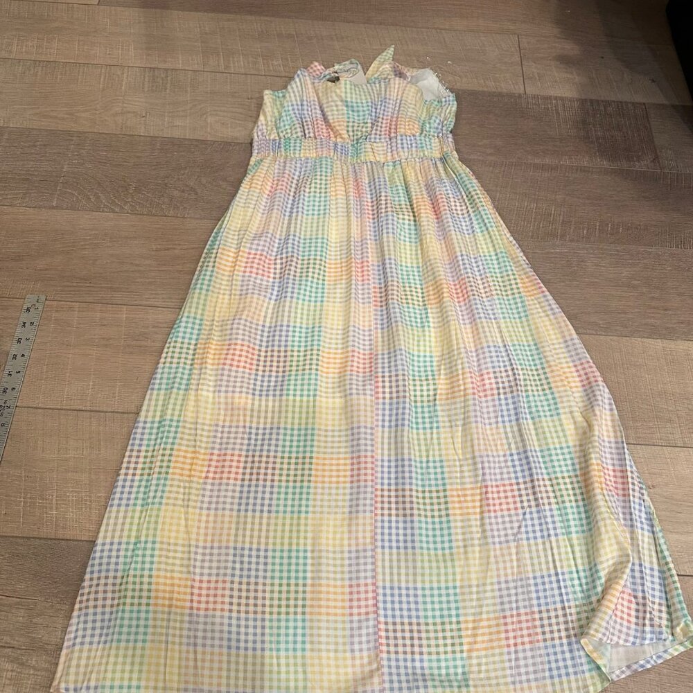 Emily Wonder Multicolor Gingham Sleeveless Midi Dress Adjustable Tie Front small - Picture 9 of 11